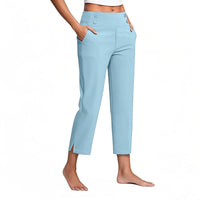 Womens Solid-Colored High-Waist Pockets Casual Pants