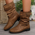 Retro Distressed Barrel Boots With Metal Buckles And Stitched Detailing Mid Calf Length