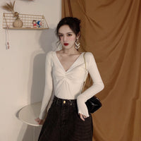 Pleated V-neck Knitted Bottoming Shirt Long Sleeve Sweater