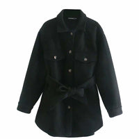 Casual and simple shirt-style mid-length jacket autumn and winter high waist and thin women's belt