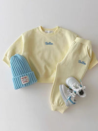 Color Sweater Suit Sweater Sweatpants Solid Color English Letters Unisex Baby Suit