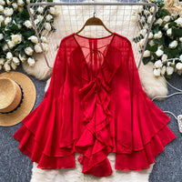 Ruffled Trim Single-Breasted Flared Sleeve Womens Chiffon Blouse
