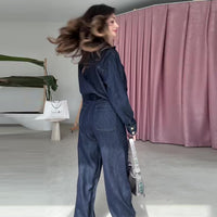New Womens Dark Blue Casual Straight Jeans Two-Piece Set