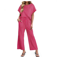 Womens Striped Short-Sleeve T-Shirt And Wide-Leg Pants Set With Pockets