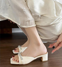 Thick Heeled Square Toe One-piece Slippers, Women's Summer High Heels, Exquisite French Style Sandals