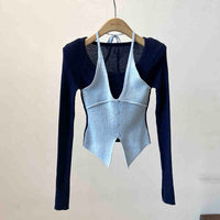 Halter False Two-piece Patchwork Long Sleeve Knitwear T-shirt Top