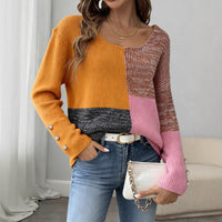 Women's Fashion Pullover Color-blocked Deep V Spliced Sweater