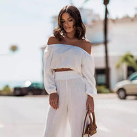 Short-sleeve Off-shoulder Top And Straight-leg Trousers Set