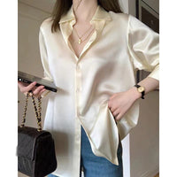 Womens French Satin Silk Long-Sleeve Shirt