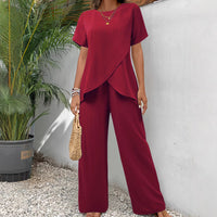 Womens Two-Piece Set Crew-Neck Short-Sleeve Pullover With A Loose