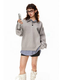 False Two-piece Patchwork Polo Collar Sweater Women's Loose Sweater