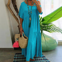 Casual Slash Neck Short Sleeve Cotton Linen Solid Color Womens Dress