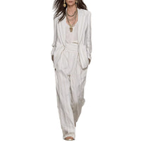 Womens Stylish And Elegant Striped Long-Sleeve Blazer And Pants Suit Set