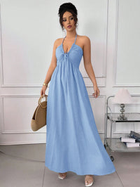 Blue Halter Neck Open Back Waist-cinching Slimming Beach Vacation Maxi Dress