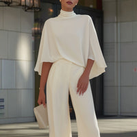 Womens Solid-Color Semi-High Neck Top And High-Waisted Wide-Leg Pants With Side Slits Outfit