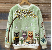 Womens Printed Cat Christmas Crew-Neck Sweatshirt Top