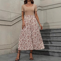 Womens Crew-Neck Elastic-Waist Floral Print Dress