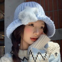 Korean-style Cute Plush Star Knitted Bucket Hat