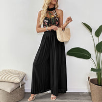 Halter Sleeveless Lace Embroidery Stitching Wide Leg Jumpsuit