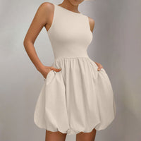 Round-neck Puffy Skirt Solid-color Ruffled Hem Zip-detail Sleeveless Dress
