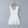 White Puff-Shoulder Ruffle-trimmed Sweet Vest Dress With Drawstring Waist And Pleats