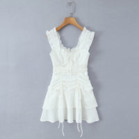 White Puff-Shoulder Ruffle-trimmed Sweet Vest Dress With Drawstring Waist And Pleats