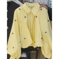 Floral Puff Sleeve Shirt Jacket Womens Loose Outerwear