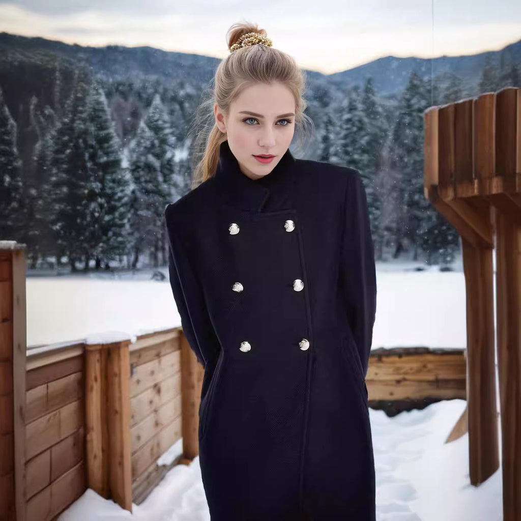 Solid Color Slim Women Woolen Coat Outerwear