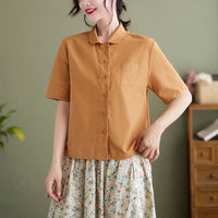 Summer New Artistic Loose Solid Color Retro Short Sleeve Shirt Top Women