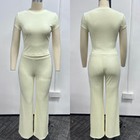 Solid-color Two-piece Set Short-sleeve Top And Long Pants For Women