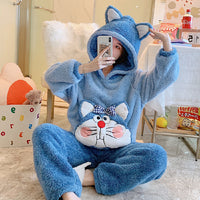 Women's Thickened Flannel Pajamas Hooded Loungewear Set