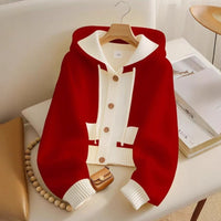 Red Hooded Single-breasted Knitted Cardigan Jacket