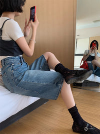 Retro High Waist Denim Water Blue Fifth Wide-leg Pants