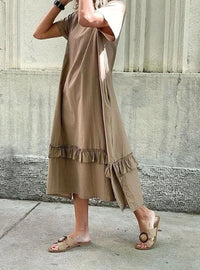 Women's Casual Khaki Stitching Ruffled Loose Fit Maix Dress