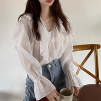 Womens Solid-Color Irregular Chiffon Long-Sleeve Shirt