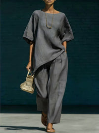 Short-sleeve Top With An Asymmetrical Hem And Wide-leg Pants Set