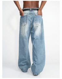 Men's Blue Straight Wide Leg Casual Jeans