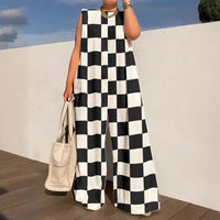 Loose Casual Women's Fashion Plaid Colored Mosaic Jumpsuit