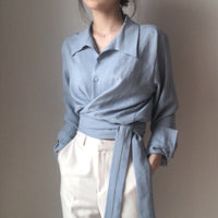 Retro Design Cross Strap Solid Color Lapel Long Sleeve Shirt
