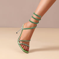 Rhinestone Snake-shaped Winding Tape Hollow Stiletto Heel High Heel Sandals