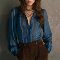 Womens Lace-Patched Ruffle-Neck Puff-Sleeve Shirt