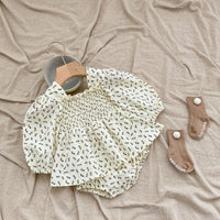 Printed Square Collar Pleated Puff Sleeve Long Sleeve Loose Princess Dress Jumpsuit