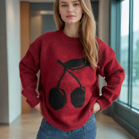 Cherry Jacquard Women's Sweater Round Neck Loose Sweater Idle Style