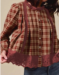 Red Dahlia Check Hollow Lace Edge Button Loose Long Sleeve Shirt