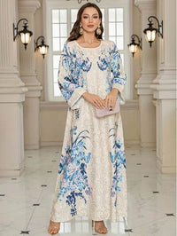 Elegant Floral Print Long Sleeve Abaya Dress