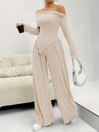 Solid-color Elegant Off-shoulder Sleeveless Shirt And Wide-leg Pants Set For Women