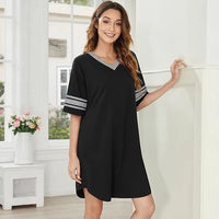 V-neck Patchwork Pajamas Casual Loose House Dress Womens Clothing