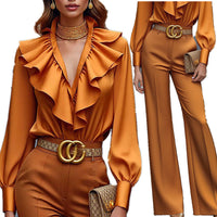 Elegant Polyester Patchwork Long-Sleeve Top And Pants Set