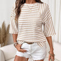 Womens Crew-Neck Pullover T-Shirt Simple, Versatile Striped Half-Sleeve Tee In European And American Style