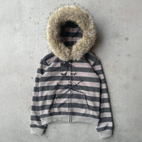 Black Zipper Divided Print Fleece Hooded Sweatshirt